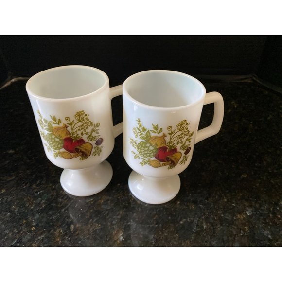 White Milk Glass Pedestal Mugs with Vegetable Design 5 1/2" - Picture 6 of 8